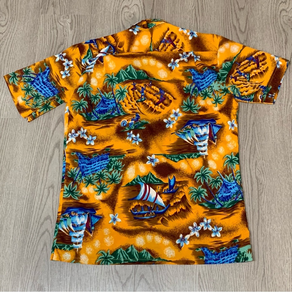 Vintage 70s 80s Romani Orange Hawaiian Shirt Surfers Hula Girl Boats Mens Small - Picture 3 of 5